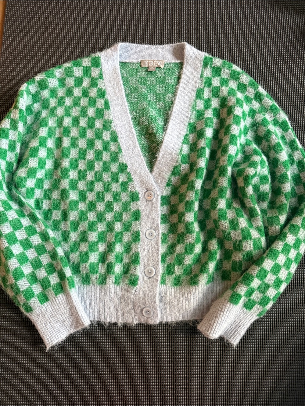 J. Crew Green and Cream Checkerboard V-Neck Button Cardigan